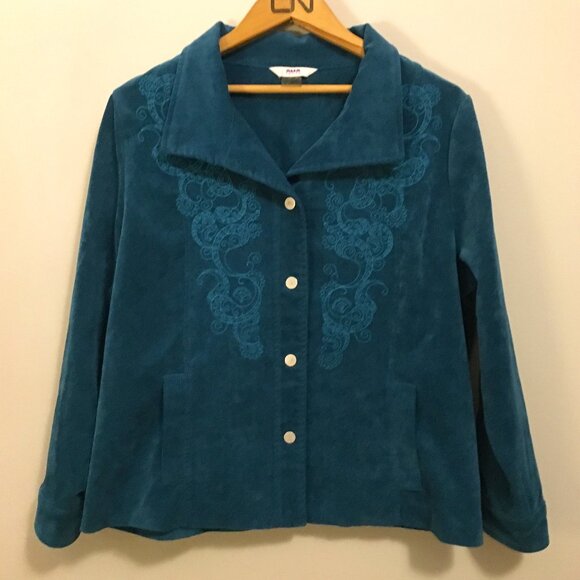 Vintage 90s Alia Embroidered Turquoise Corduroy Jacket and Pantsuit - Picture 4 of 16